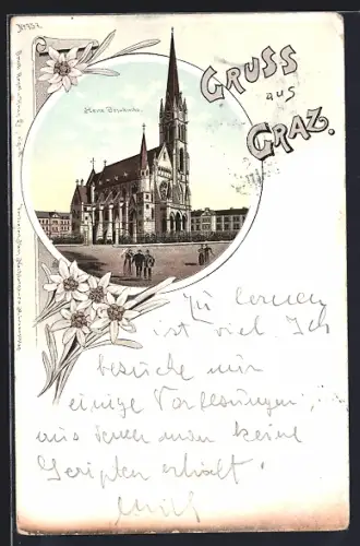 Lithographie Graz, Herz Jesukirche und Vorplatz