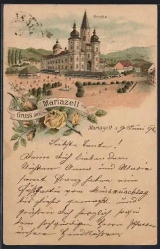 Lithographie Mariazell, Kirche mit Platz