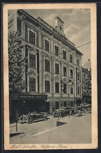 AK Mariazell, Hotel Scherfer Goldenes Kreuz mit Geschäft Ferdinand Lang und Autogarage
