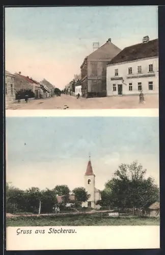 AK Stockerau, Strassenpartie und Ansicht mit Kirche