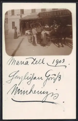 Foto-AK Mariazell, Pferdekutsche vor Restaurant