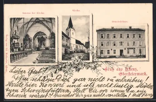 AK Aflenz /Obersteiermark, Inneres der Kirche, Aussenansicht und Gemeindehaus