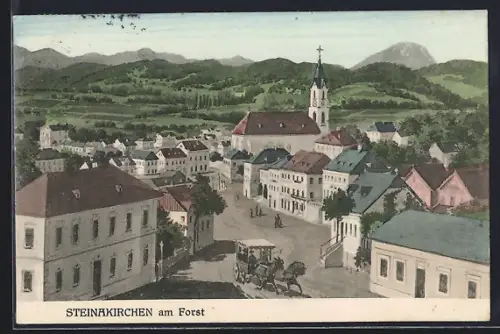 Künstler-AK Steinakirchen am Forst, Pferdekutsche am Ortseingang