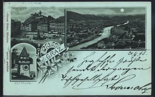 Mondschein-Lithographie Graz, Hauptplatz, Uhrturm und Totalansicht