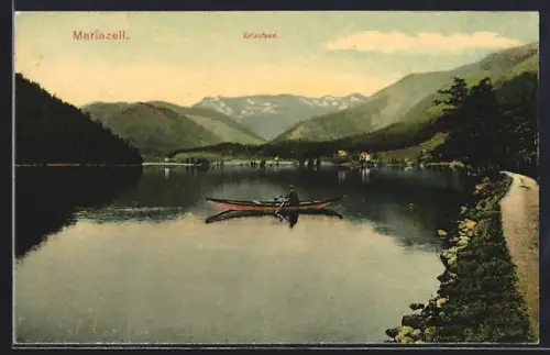 AK Mariazell /Erlaufsee, Panorama mit Boot