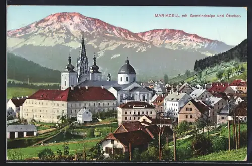 AK Mariazell, Kirche mit Gemeindealpe und Ötscher