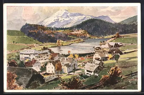 Künstler-AK Wienerbruck, Ortsansicht mit Blick nach Maria Zell