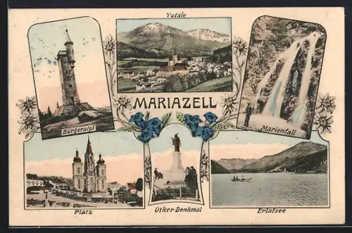 AK Mariazell, Bürgeralpl, Marienfall, Platz, Otker-Denkmal