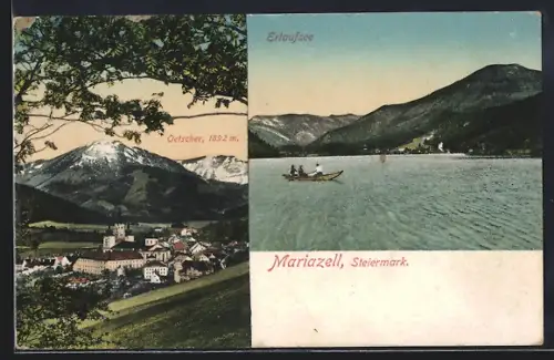 AK Mariazell i. Steiermark, Ruderboot auf dem Erlafsee, Blick auf den Oetscher