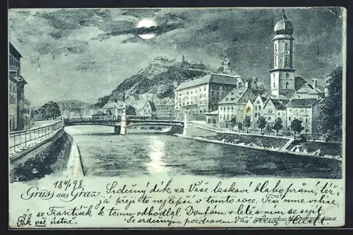 Mondschein-Lithographie Graz, Uferpartie mit Kirche