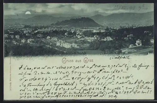 Mondschein-AK Graz, Teilansicht mit Bergen