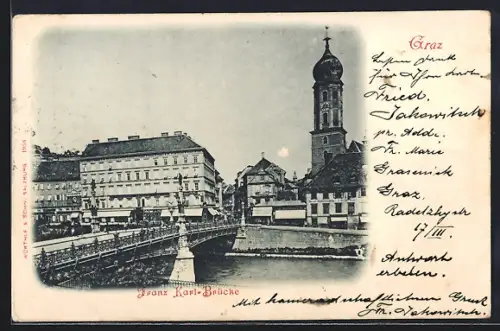 AK Graz, Franz Karl-Brücke mit Kirche