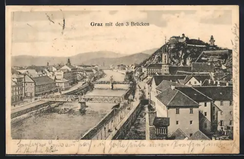 AK Graz, Teilansicht mit den drei Brücken
