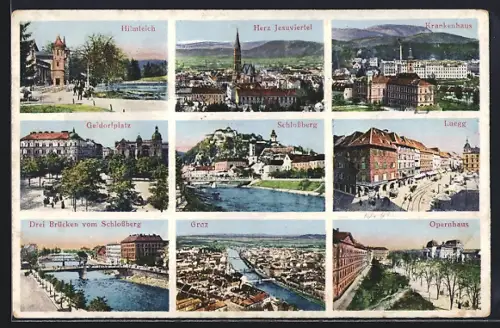 AK Graz, Schlossberg, Krankenhaus und Geidorfplatz