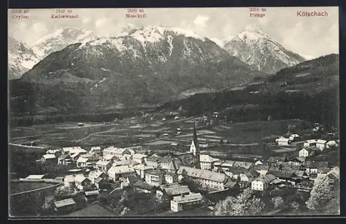 AK Kötschach, Ortsansicht mit Kirche aus der Vogelschau mit Kellerwand und Moserkofl