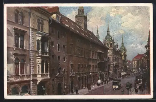 Künstler-AK Graz, Landhaus und Herrengasse, Strassenbahn