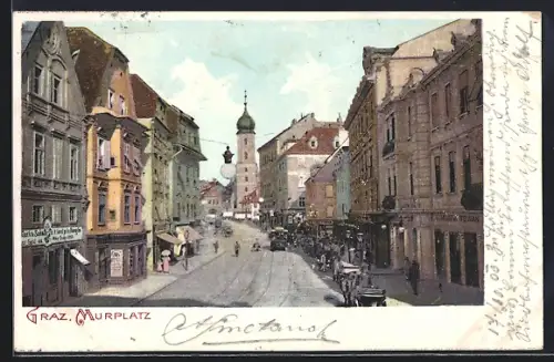 AK Graz, Murplatz mit Wohnhäusern, Strassenbahn