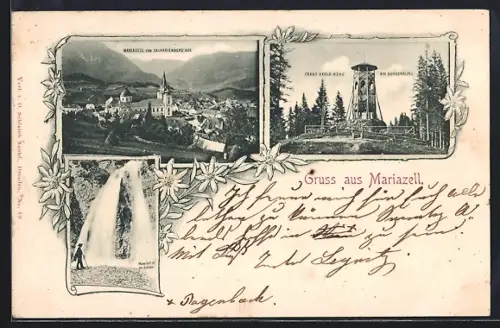 AK Mariazell, Franz Karls-Höhe am Bürgeralpel, Wasserfall in der Grünau, Ortsansicht