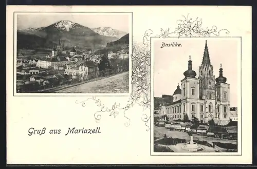 AK Mariazell, Basilika, Totalansicht aus der Vogelschau