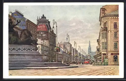 Künstler-AK Wien II, Praterstrasse mit Geschäften, Strassenbahn