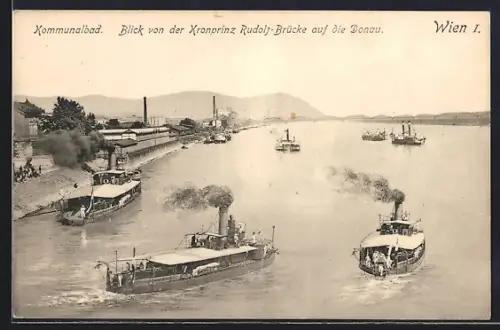 AK Wien, Kommunalbad, Blick von der Kronprinz Rudolf-Brücke auf die Donau