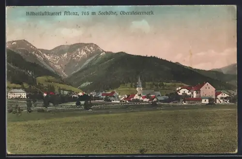 AK Aflenz /Obersteiermark, Ortsansicht mit Kirche vom Feld aus