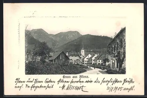 AK Aflenz, Ortspartie mit Kirche gegen die Berge