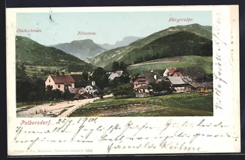 AK Palbersdorf, Ortsansicht mit Hochschwab, Fölzstein und Bürgeralpe