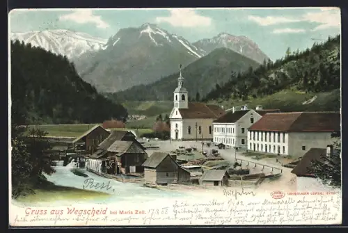 AK Mariazell, Wegscheid, Totalansicht mit Bergpanorama