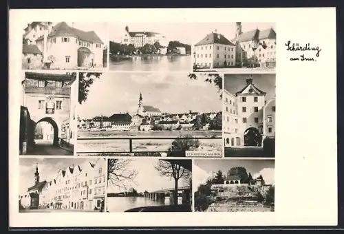 AK Schärding am Inn, Ortsansicht vom gegenseitigen Ufer aus, Stadttor, Brücke