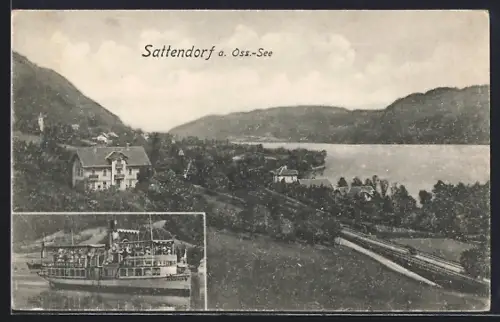 AK Sattendorf, Binnenschiff Landskron, Ortsansicht mit Blick auf den Ossiacher-See