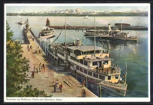 AK Konstanz am Bodensee, Hafen mit Schweizer Alpen, Dampfer Deutschland am Anleger