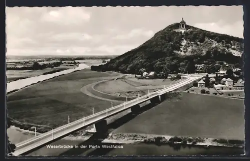 AK Porta Westfalica, Weserbrücke mit Wilhelmsdenkmal aus der Vogelschau