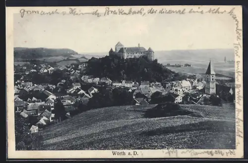 AK Wörth a. D., Gesamtansicht des Ortes mit Burg