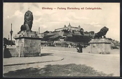 AK Würzburg, Festung Marienberg mit Ludwigsbrücke und Löwenstatuen