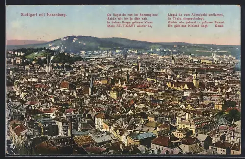 AK Stuttgart, Totalansicht mit Hasenberg, Gedicht