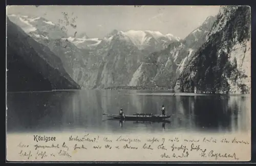 AK Königsee / St. Bartholomä, Kahnpartie gegen Bergpanorama