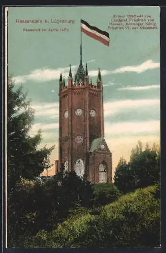 AK Hessenstein bei Lütjenburg, Aussichtsturm Hessenstein mit Nationalfahne, erbaut 1840-41