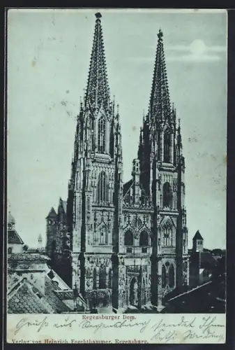 Mondschein-AK Regensburg, Blick auf den Regensburger Dom