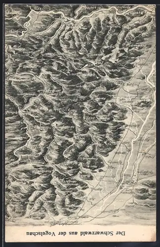 AK Schwarzwald, Der Schwarzwald aus der Vogelschau, topographische Karte