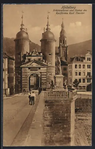 AK Heidelberg / Neckar, Brückentürme und Statue des Kurfürsten Karl Theodor