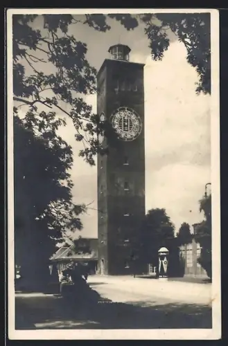 AK München, Ausstellungspark mit Leuchtturm und Litfasssäule
