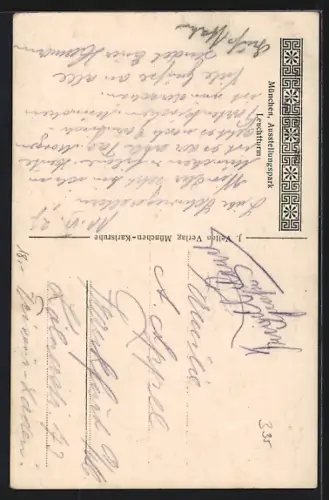 AK München, Ausstellungspark mit Leuchtturm und Litfasssäule