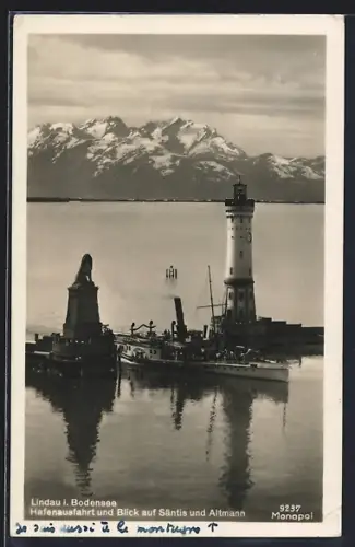 AK Lindau i. Bodensee, Hafenausfahrt und Blick auf Säntis und Altmann