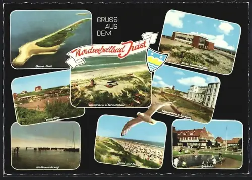 AK Juist, Ortsansicht aus der Vogelschau, Nordseestrand, Wattwanderweg, Neues Kurmittelhaus, Spielteich
