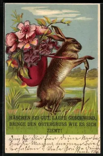 Lithographie Osterhase mit Korb voller Blumen, Häschen sei gut, laufe geschwind, bringe den Ostergruss...