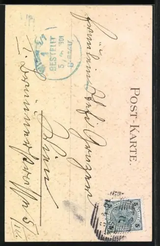 Lithographie Osterhase mit Korb voller Blumen, Häschen sei gut, laufe geschwind, bringe den Ostergruss...