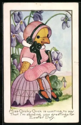 Lithographie Osterküken mit Buch sitzt vor Veilchen, Miss Chicky Chick is waiting to say that...