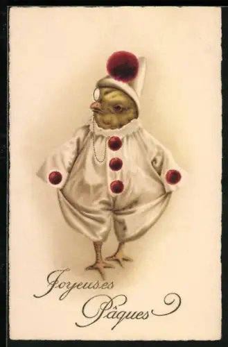 Künstler-AK Osterküken in Narren-Kostüm, Joyeuses Pâques