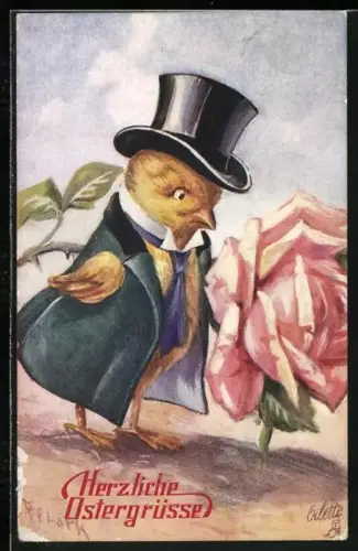 Künstler-AK Osterküken mit Zylinder trägt eine grosse Rose, Herzliche Ostergrüsse